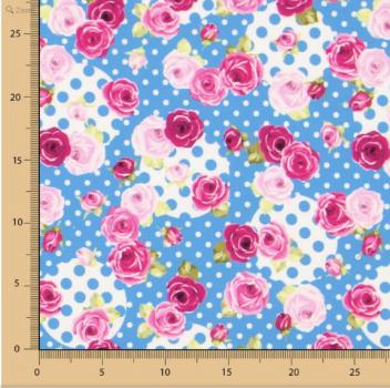 Twill Polyester spandex print flowers roses polka dots blue