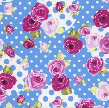 Twill Polyester spandex print flowers roses polka dots blue